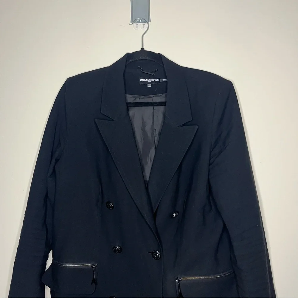 KARL LAGERFELD Zip Pocket Dark Academia Preppy Double Breasted Longlined Blazer - Picture 8 of 12